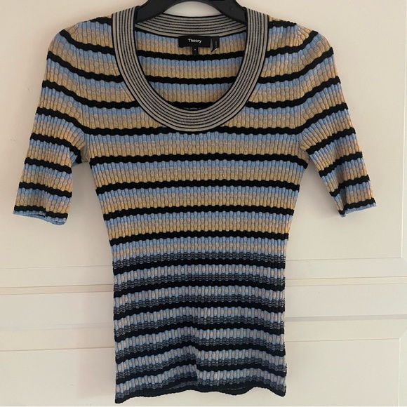 Theory Leenda striped Wool half sleeve sweater knit Top 20988 - Picture 4 of 9